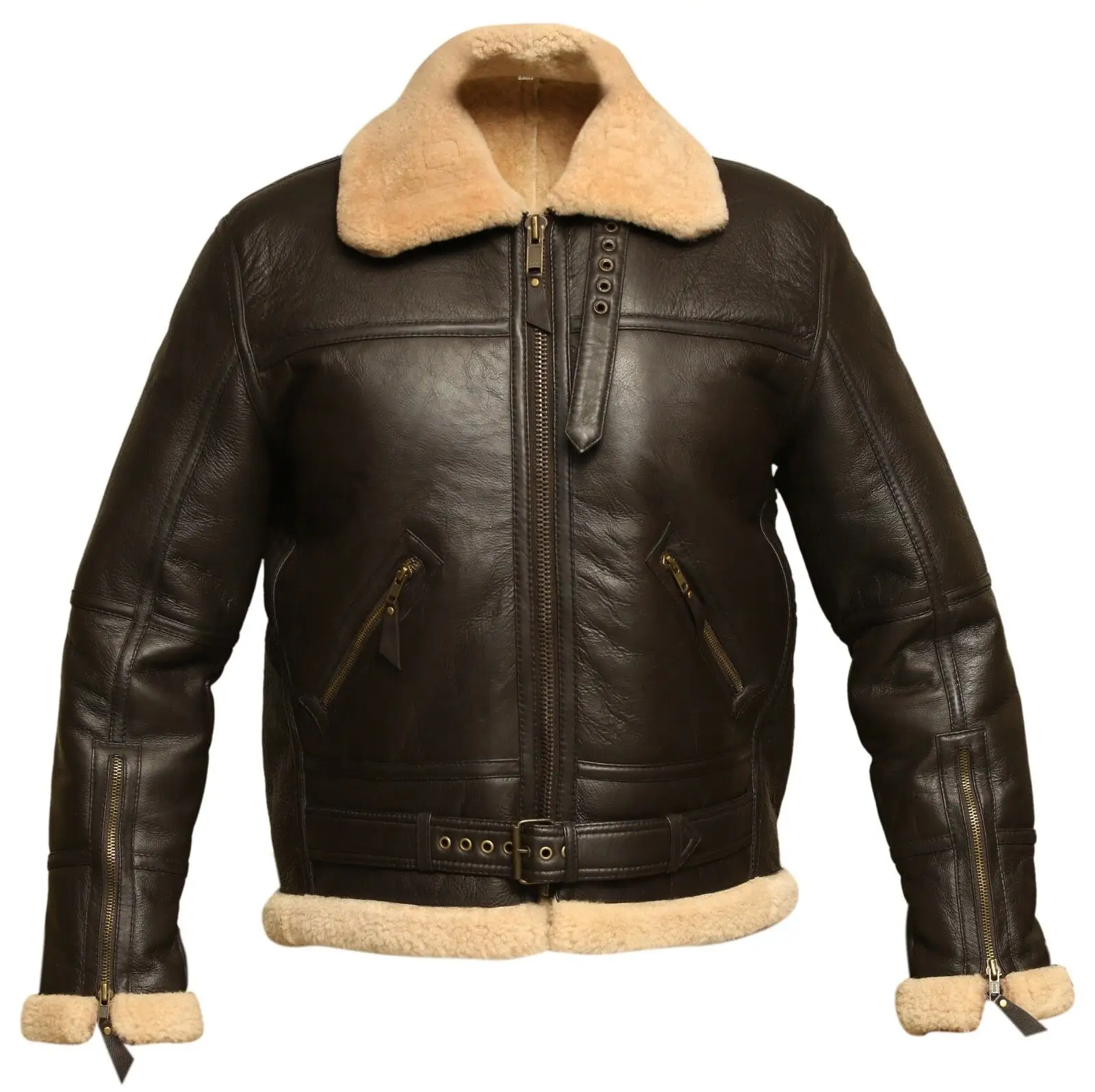 B3 RAF Aviator Brown Bomber Real Shearling Sheepskin Leather Flight Jacket