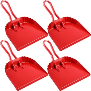 Pelle à poussière en métal rouge robuste Lot de 4 avec poignée à boucle Côtés côtelés Casserole à revêtement en poudre de qualité industrielle pour utilitaire de nettoyage - Product Image 1