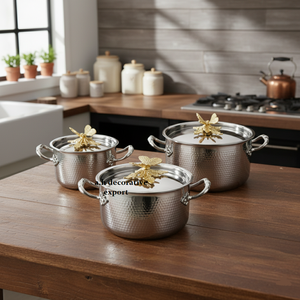 Handcrafted Casserole Hammered Metal Cook and Serve Butterfly Lid Pans & Pot Set for Kitchen & Restaurant Food Safe Set for Sale - Product Image 4