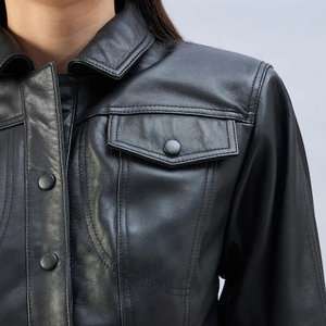 Best Women Premium Genuine <b>Brown</b> Satin Motorcycle Jacket Sheep Skin Collar Solid Pattern Breathable Zipper Low MOQ Winter - Product Image 4