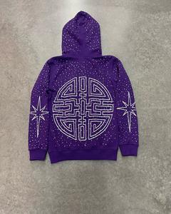 Fabricante personalizado Sun Faded bordado desgastado cremallera Streetwear ácido lavado 500gsm hombres Zip up Heavyweight Rhinestone Hoodie - Product Image 2