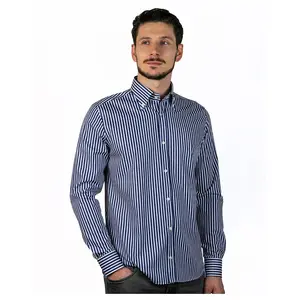 Camisa masculina em extra fino 100% algodão branco e riscas marinho seguindo a tradição Made in Italy exportação