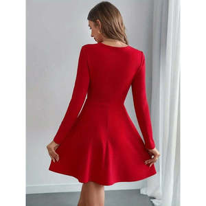 Women's Long-Sleeved Pearl Collar <b>Short</b> Imported Crepe <b>Dress</b>, 27726 - <b>Red</b> - Product Image 2