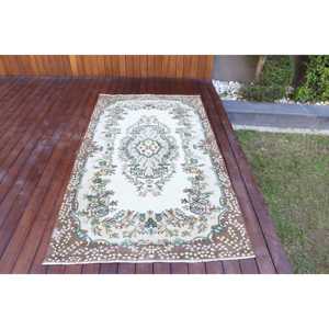 Alfombra Vintage de 3.8x6.9 pies (117x211 cm), Alfombra Turca con Rayas Verdes - Product Image 1