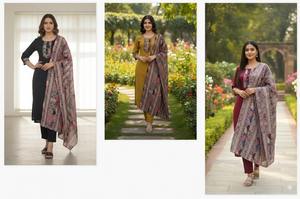 Rayonne flammée Kurti pantalon Dupatta ensemble pour tenue décontractée et de fête Style moderne tissu doux coupe confortable gamme économique toutes les saisons - Product Image 5