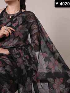 เสื้อส่าหรีแบบลำลองที่สวยที่สุดเสื้อเบลาส์บราสโซ่ลายดอกไม้ผ้าวิสโซ - Product Image 3