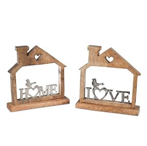 <b>Wooden</b> house frame decorative accent with metal love lettering and bird motif handcrafted <b>rustic</b> tabletop decor for home <b>shelf</b> - Product Image 1