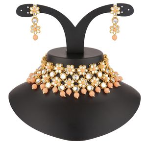 Conjunto de collar de Gargantilla Kundan de novia India Cristal de perla de imitación con chapado en oro Color melocotón para bodas - Product Image 4