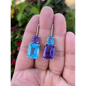 Pendientes Colgantes de Plata 925 con Topacio Azul y Amatista, Geométricos, Chapados en Oro Rosa, con Esmeralda, Perla y Diamante como Piedras Principales, para Bodas y Fiestas - Product Image 3