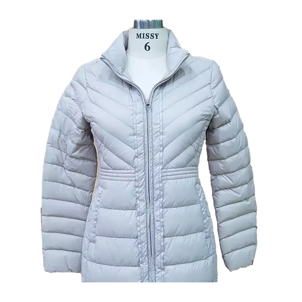 100% Polyester Duckdown Jacket Made in Vietnam for Women Stand Long Polyester Lining Thick Quilted Jacket Outdoor Wear Crocheted