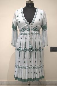 Elegant Rayon Summer <b>Dress</b> Adults Opal Aura Solid Pattern Embroidered Backless Design <b>Loose</b> Silhouette Natural Waistline V-neck - Product Image 2