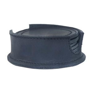 Real Leather <b>Black</b> <b>coaster</b> Set with Holder - Product Image 2