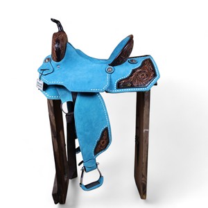 Selle de cheval western en cuir de vachette suédé OEM de qualité supérieure jupe courte en cuir usiné à la main patché sous-couche exportateur de selle de baril - Product Image 1