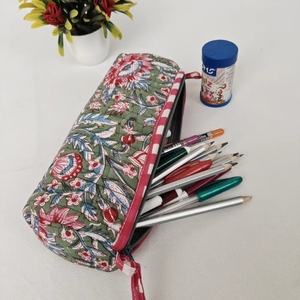 Indian Hand Block Printed Eco-Friendly Durable Cotton Fabric Quilted <b>Makeup</b> Pouch Zipper Closure Stationery Pencil Bag <b>Set</b> - Product Image 1