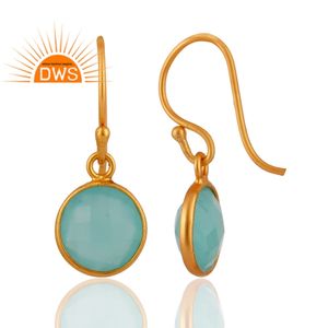 Boucles d'oreilles pendantes rondes en calcédoine aqua artisanales, fournisseur de bijoux en pierres précieuses indiennes, plaqué or 18 carats, argent 925 - Product Image 4