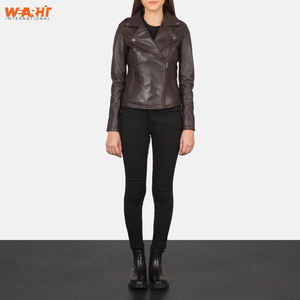 Veste en cuir véritable pour femme, style motard vintage, coupe ajustée, marron uni, fermeture éclair, tendance, mode, hiver - Product Image 6