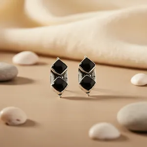 Geometric Onyx Drop <b>Earrings</b> for Women Classic Bezel Setting <b>Black</b> Stone Jewelry Everyday Wear - Product Image 2
