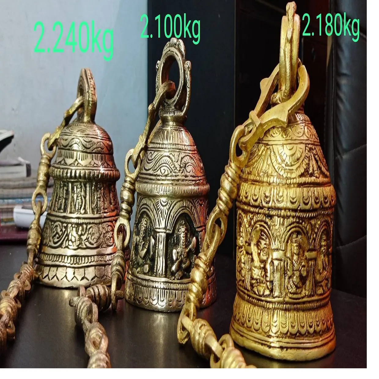 custom made multi colored brass bells with engraving available in assorted sizes ideal for home temples and for resale