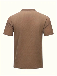 Men's Brown Waffle Knit Short Sleeve Polo Shirt With Zipper Casual Style Regular Fit Solid Color - Product Image 4