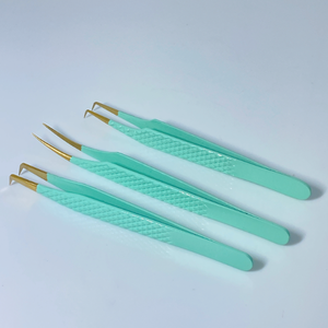 Pinzas de extensión inclinadas de acero inoxidable, aplicador de pestañas, color verde claro y dorado, venta al por mayor - Product Image 6