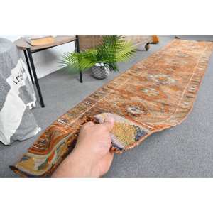 Tapis turc Vintage Bohème Marron Orange Patchwork Design 2.3x11.3 pieds Tapis de chevet Laine avec support en Latex pour chambre à coucher - Product Image 3