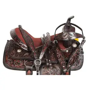 Western Leather Barrel Racing Horse Saddle with Matching Leather Headstall Breast Collar and Reins for Export