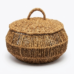 Panier rond en jonc de mer et jacinthe d'eau tressé à la main avec couvercle, organiseur de rangement, pot décoratif, décoration artistique pure pour la conception d'intérieur - Product Image 1