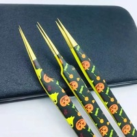 Pince à cils personnalisée avec logo, en acier inoxydable durable, nouvelle impression papier Halloween, pointe dorée