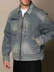 Chaqueta vaquera para hombre, de algodón, con cremallera, estilo casual, para otoño, estilo urbano, lavada, estilo vintage, ajuste premium - Product Image 2