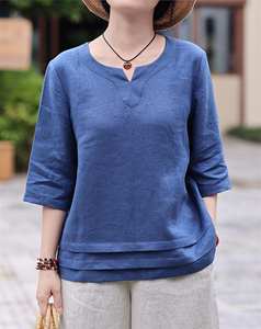 Vente chaude femmes lin pull chemise décontracté Style rétro coupe ample taille naturelle plaine teint tissé motif doux débardeurs - Product Image 3