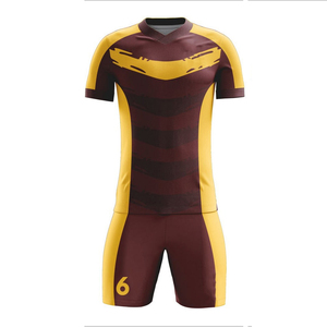 Conjunto de Uniforme de Fútbol para Hombre, Color Granate y Amarillo a Rayas, Cuello en V, Manga Corta, Poliéster que Absorbe la Humedad, con el Número 6 Impreso - Product Image 3