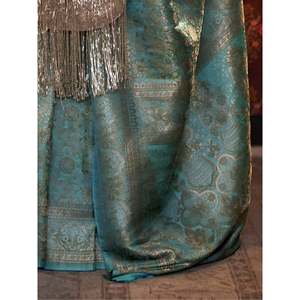 Magnifique robe de festival en soie tissée avec des fils turquoise, sari avec chemisier - Product Image 1
