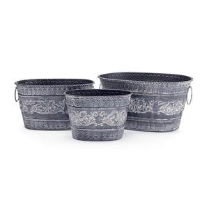 Lot de 3 jardinières en étain surélevées avec motif en relief de couleur grise avec poignées en anneau pour fournitures de jardin Fournitures pour la maison et le jardin - Product Image 1