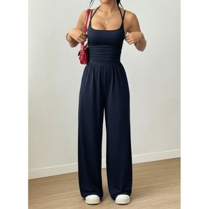 Combinaison longue en viscose à bretelles et col rond pour femme, 31073 - Bleu marine - Product Image 1