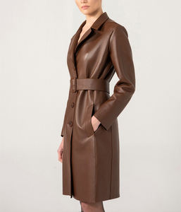 Gabardina larga de piel auténtica para mujer elegante al por mayor, moda informal, manga larga, con cinturón, para invierno - Product Image 3