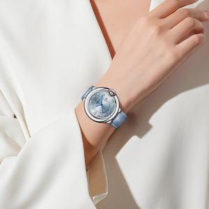 Montre mécanique automatique DEXCAR pour femme, cadran bleu avec chiffres romains, bracelet en cuir de veau - Product Image 3