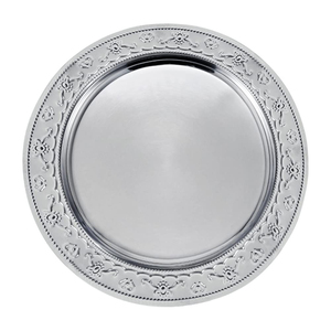 Assiettes de présentation rondes en acier inoxydable argenté avec bord floral, sous-assiettes métalliques pour décorations de table de mariage et de réception - Product Image 1