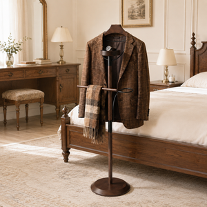 Walnut Valet Stand Wooden Coat <b>Rack</b> Floor Standing Garment Hanger Pants Rod <b>Clothes</b> Organizer Bedroom Entryway Hotel - Product Image 5