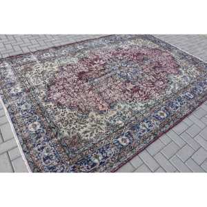 Tapis de Sol Vintage en Laine Rouge Beige Turc 7 'X 10' 1 Ft Style Boho Grand Rectangle Patchwork Motif Abstrait Tapis de Chambre en Latex - Product Image 2