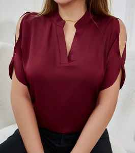 เสื้อเบลาส์แขนระบายสีทึบเสื้อคอวีหรูหราสำหรับฤดูใบไม้ผลิและฤดูร้อนเสื้อผ้าของผู้หญิง - Product Image 1