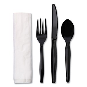 Kit de couverts en plastique jetables 4 pièces Boardwalk, poids moyen, fourchette/couteau/serviette/cuillère, noir, pour fêtes et pique-niques (250/carton) - Product Image 1