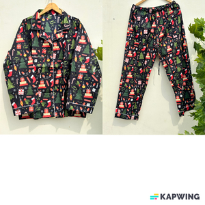 Conjunto de pijama hecho a mano con cuello en V cómodo para mujer, Conjunto de pijama con estampado navideño, vestido de noche de algodón suave para verano, Primavera, nupcial - Product Image 1