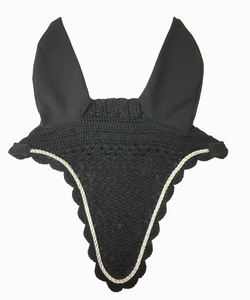 Voile anti-mouches pour cheval en crochet noir de haute qualité avec bordure en corde argentée, protège-oreilles souples, bonnet équestre fait main pour l'équitation, l'entraînement et les concours - Product Image 1