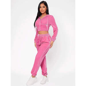 2025 nouveau survêtement en velours décontracté solide 100% coton Logo personnalisé pour les femmes élégant 2 pièces ensemble haut court sweat Jogging pour - Product Image 6