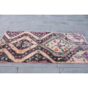 Turkish Vintage Area <b>Rug</b> 3.5x7.6 ft, <b>Black</b> Pink Striped Wool <b>Rug</b> - Product Image 4