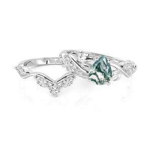 Jeulia Intertwined Leaf Pear Cut Moss Agate <b>Ring</b> <b>Set</b>-Rose Gold Plated <b>Silver</b> Fashion <b>Ring</b> - Product Image 3
