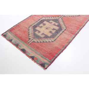 พรมขนาด 3.6x10.9 ฟุต, พรมตุรกีโบราณ, พรมลายตารางสีแดงเทาทำจากขนสัตว์ - Product Image 2