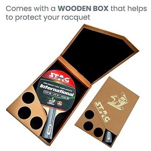 Raquette de tennis de table professionnelle Stag Iconic en bois et caoutchouc avec picots longs, base en fibre de carbone, livrée dans un étui en bois - Product Image 3