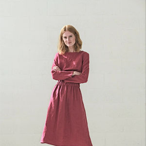 Robe d'été en lin décontractée personnalisée avec col en O et manches longues nouvelle mode robe mi-longue simple motif solide tissé - Product Image 1