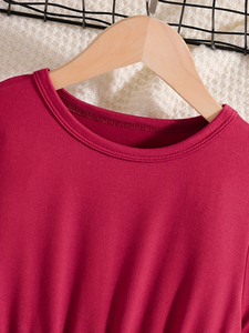 Robe décontractée élégante pour filles, rouge vin, à volants, col rond, manches courtes, coupe trapèze, été, extensible, 100% coton, Bangladesh - Product Image 6